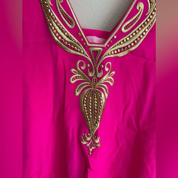 Lilly Pulitzer Owen Silk Trapeze Tunic Dress Hot Pink Gold Beaded Embroidery M - Picture 5 of 9